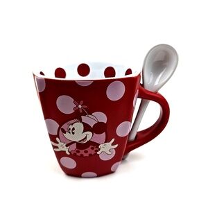 Disney Parks Minnie Mouse Mug & Spoon Set Polka Dots Souvenir Cup Red Pink